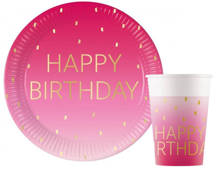 ZESTAW HAPPY BIRTHDAY RÓŻOWY TALERZYKI+KUBECZKI