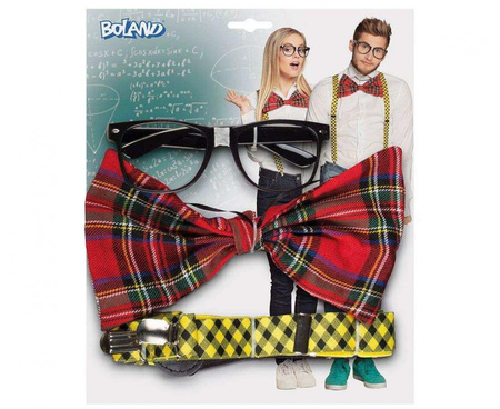 Zestaw Kujona kujonki uczeń uczennica (strój: okulary, muszka, szelki)