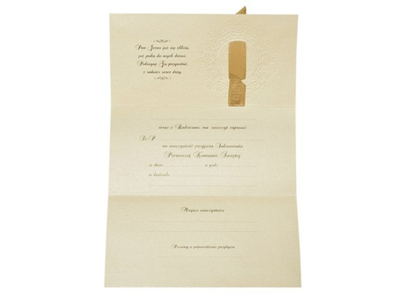 Zaproszenia komunijne ze złotą wstążką (1 karton / 50 op.) (1 op. / 10 szt.)