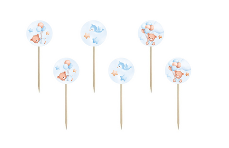 PIKERY BŁĘKITNE MISIE Z BALONIKAMI 6 SZT