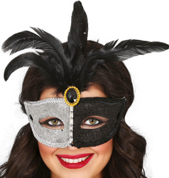 BLACK AND WHITE MASK WITH BLACK FEATHER