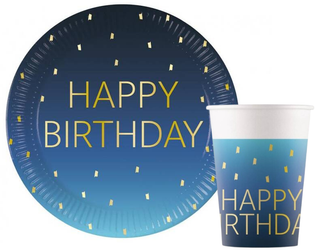 ZESTAW HAPPY BIRTHDAY NIEBIESKIE TALERZYKI KUBECZKI