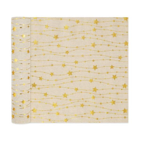 BIEŻNIK LNIANY GWIAZDKI BEŻOWO-ZŁOTY 275x28 CM