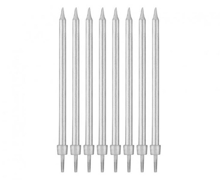 ŚWIECZKI URODZINOWE Z PODSTAWKAMI SREBRNE 10 CM 8 SZT