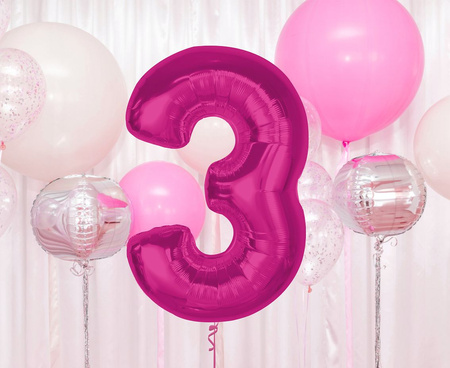 BALON FOLIOWY CYFRA 3 RÓŻOWA 92 CM