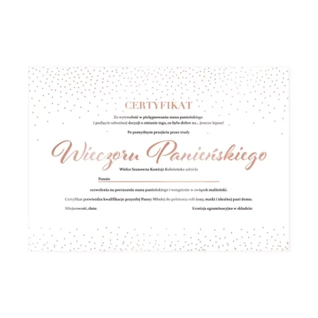CERTYFIKAT WIECZORU PANIEŃSKIEGO BRIDE TO BE RÓŻOWE ZŁOTO