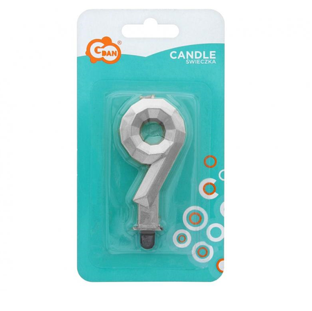 ŚWIECZKA CYFRA 9 DIAMENT METALIK SREBRNY 7,6 CM