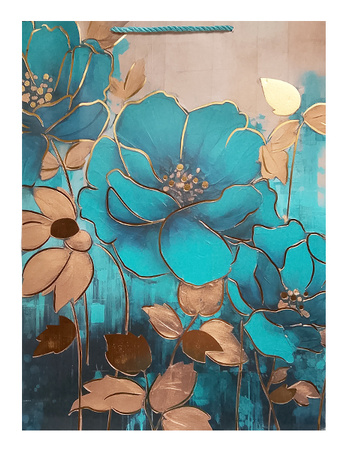 TORBA PREZENTOWA KWIAT NIEBIESKO-ZŁOTY LISTKI 31X40X12 CM