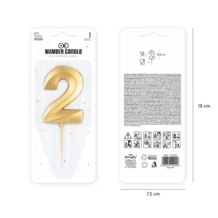 ŚWIECZKA URODZINOWA CYFRA 2 ZŁOTA METALICZNA