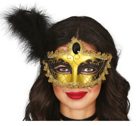 MASKA WENECKA ZŁOTO-CZARNA Z PIÓREM