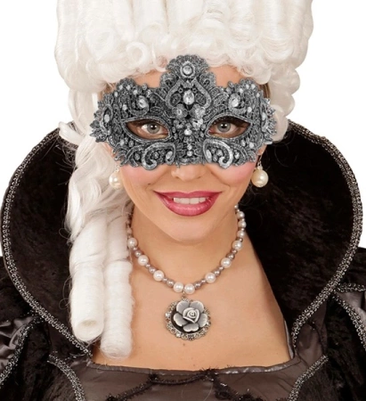 MASKA WENECKA SREBRNA Z KORONKĄ 