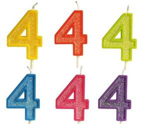 ŚWIECZKI URODZINOWE CYFRA 4 BROKAT MIX KOLORÓW