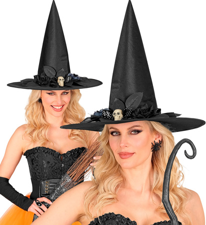 KAPELUSZ CZAROWNICY Z CZASZKĄ I KWIATAMI 45 CM HALLOWEEN
