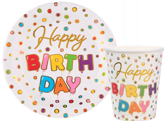 ZESTAW HAPPY BIRTHDAY KROPKI TALERZYKI+KUBECZKI