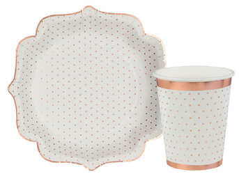 ZESTAW BIAŁE TALERZYKI+KUBECZKI W KROPKI