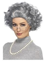 ZESTAW BABCIA PERUKA+OKULARY+PERŁY