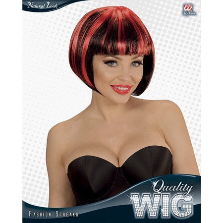 PERUKA DAMSKA BOB CZARNA PASEMKA CZERWONE