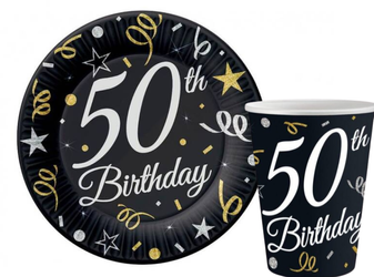 ZESTAW 50 URODZINY TALERZYKI+KUBECZKI