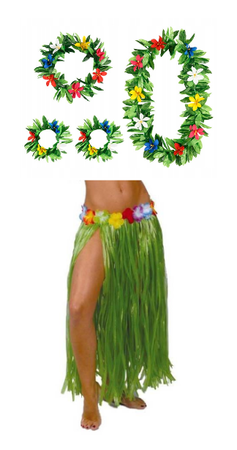 ZESTAW: SPÓDNICA HAWAJSKA ZIELONA + ZESTAW HAWAJSKI: OPASKA, NASZYJNIK I  BRANSOLETKI ZIELONE