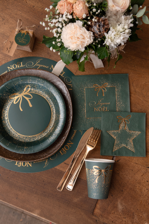 TALERZYKI PAPIEROWE ZŁOTA KOKARDKA CIEMNA ZIELEŃ 23 CM 10 SZT