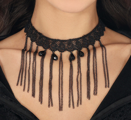 CHOKER CZARNY KORALIKI I ŁAŃCUSZKI HAFTOWANY