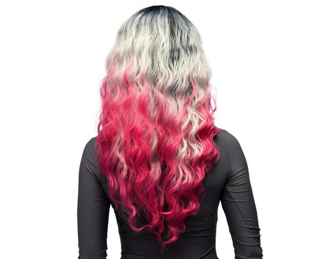 Peruka Komiko włosy długie ombre czarno-szaro-różowe długie loki fale