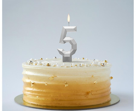 ŚWIECZKA CYFRA 5 DIAMENT METALIK SREBRNY 7,6 CM