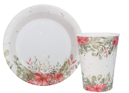 ZESTAW KUBECZKI + TALERZYKI PAPIEROWE ZIMOWE KWIATY 