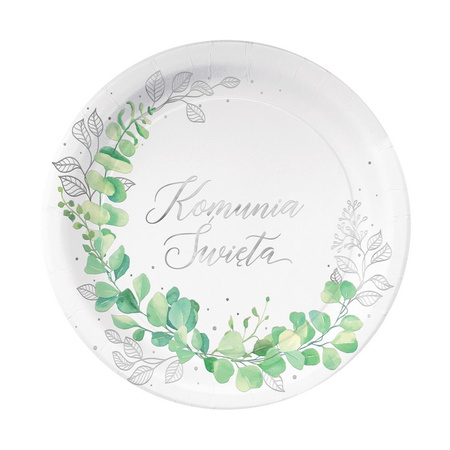TALERZYKI PAPIEROWE KOMUNIA ŚWIĘTA EUKALIPTUS SREBRNE 7 CALI 6 SZT. IHS