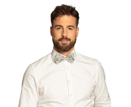 Muszka mucha brokatowa srebrna 12 cm na gumce disco sylwester party