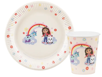 ZESTAW KOCI DOMEK GABI BEŻOWY: TALERZYKI + KUBECZKI