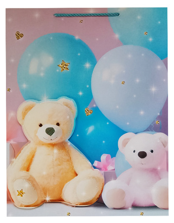 TORBA PREZENTOWA MISIE Z BALONAMI NIEBIESKA 40 X 30 X 12 CM 