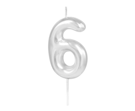 ŚWIECZKA URODZINOWA CYFRA 6 SREBRNA POŁYSK 6 CM
