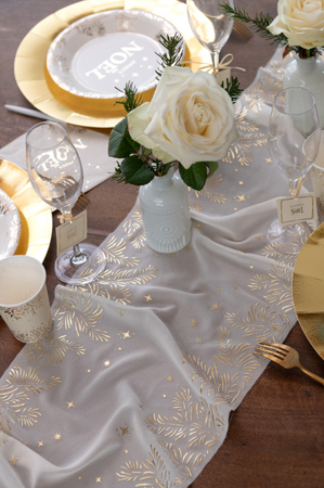 BIEŻNIK ŚWIĄTECZNY ZŁOTE GAŁĄZKI KOŚĆ SŁONIOWA KOKARDKA 27 X 250 CM