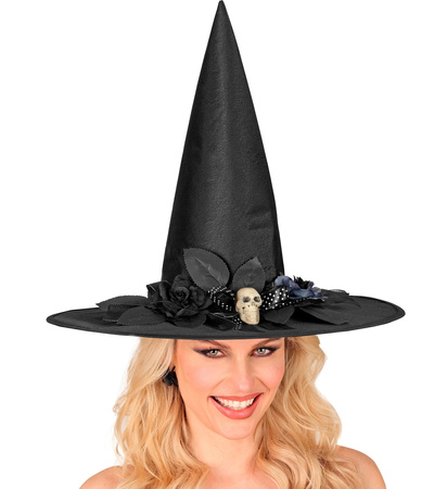 KAPELUSZ CZAROWNICY Z CZASZKĄ I KWIATAMI 45 CM HALLOWEEN