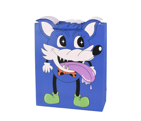 TORBA PREZENTOWA NIEBIESKA WILK BROKAT 26 X 32 X 10 CM