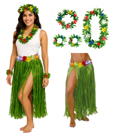 ZESTAW: SPÓDNICA HAWAJSKA ZIELONA + ZESTAW HAWAJSKI: OPASKA, NASZYJNIK I  BRANSOLETKI ZIELONE