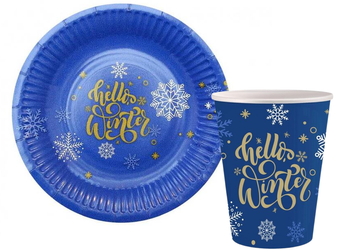 ZESTAW HELLO WINTER TALERZYKI+KUBECZKI NIEBIESKIE