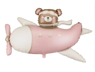 BALON FOLIOWY MIŚ W SAMOLOCIE 94 X 61 CM JASNY RÓŻOWY