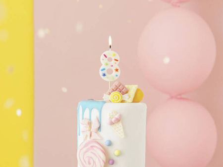 ŚWIECZKA URODZINOWA CYFRA 8 BIAŁA KONFETTI 5.5CM