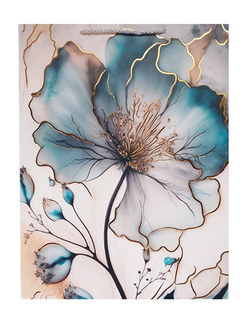 TORBA PREZENTOWA KWIAT NIEBIESKO-ZŁOTY PĄKI 31X40X12 CM