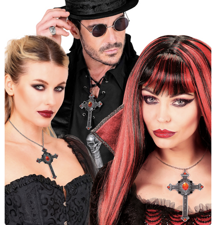 NASZYJNIK GOTYCKI KRZYŻ Z CZERWONYMI KAMIENIAMI