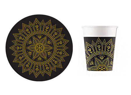 ZESTAW MANDALA CZARNO-ZŁOTE TALERZYKI KUBECZKI