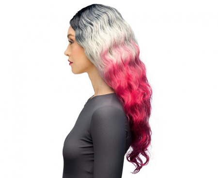 Peruka Komiko włosy długie ombre czarno-szaro-różowe długie loki fale