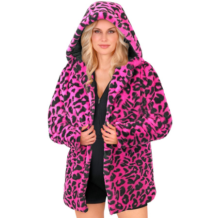 PŁASZCZ PLUSZOWY Z KAPTUREM W PANTERKĘ RÓŻOWO-CZARNY