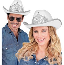 KAPELUSZ KOWBOJSKI BIAŁY Z SRERBNĄ TIARĄ