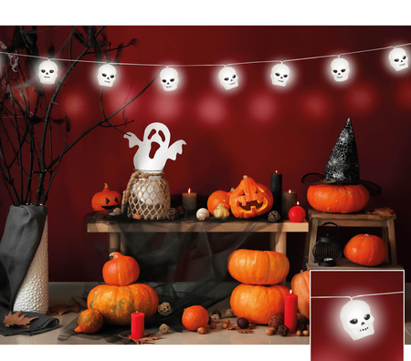 GIRLANDA ŚWIECĄCA 12 CZASZEK 180 CM HALLOWEEN