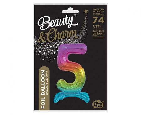 BALON FOLIOWY STOJĄCY 74 CM CYFRA 5 TĘCZA