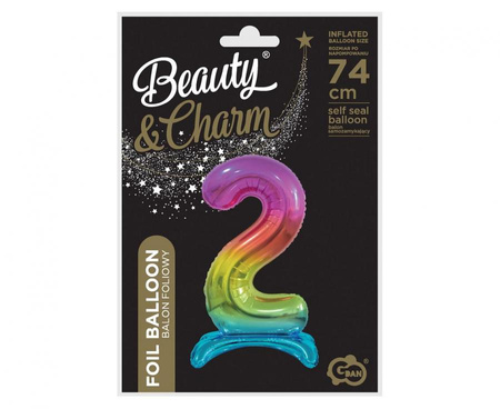 BALON FOLIOWY STOJĄCY 74 CM CYFRA 2 TĘCZA