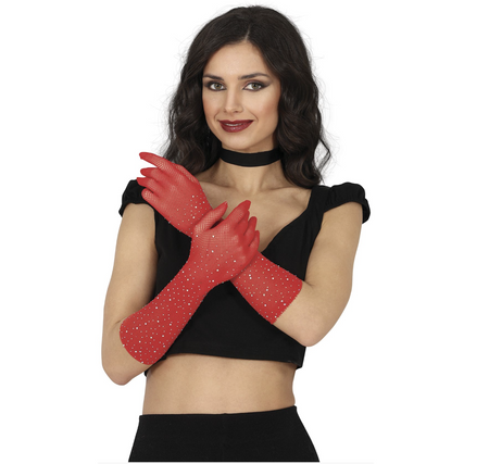 CZERWONE RĘKAWICZKI Z KLEJNOTAMI 30 CM